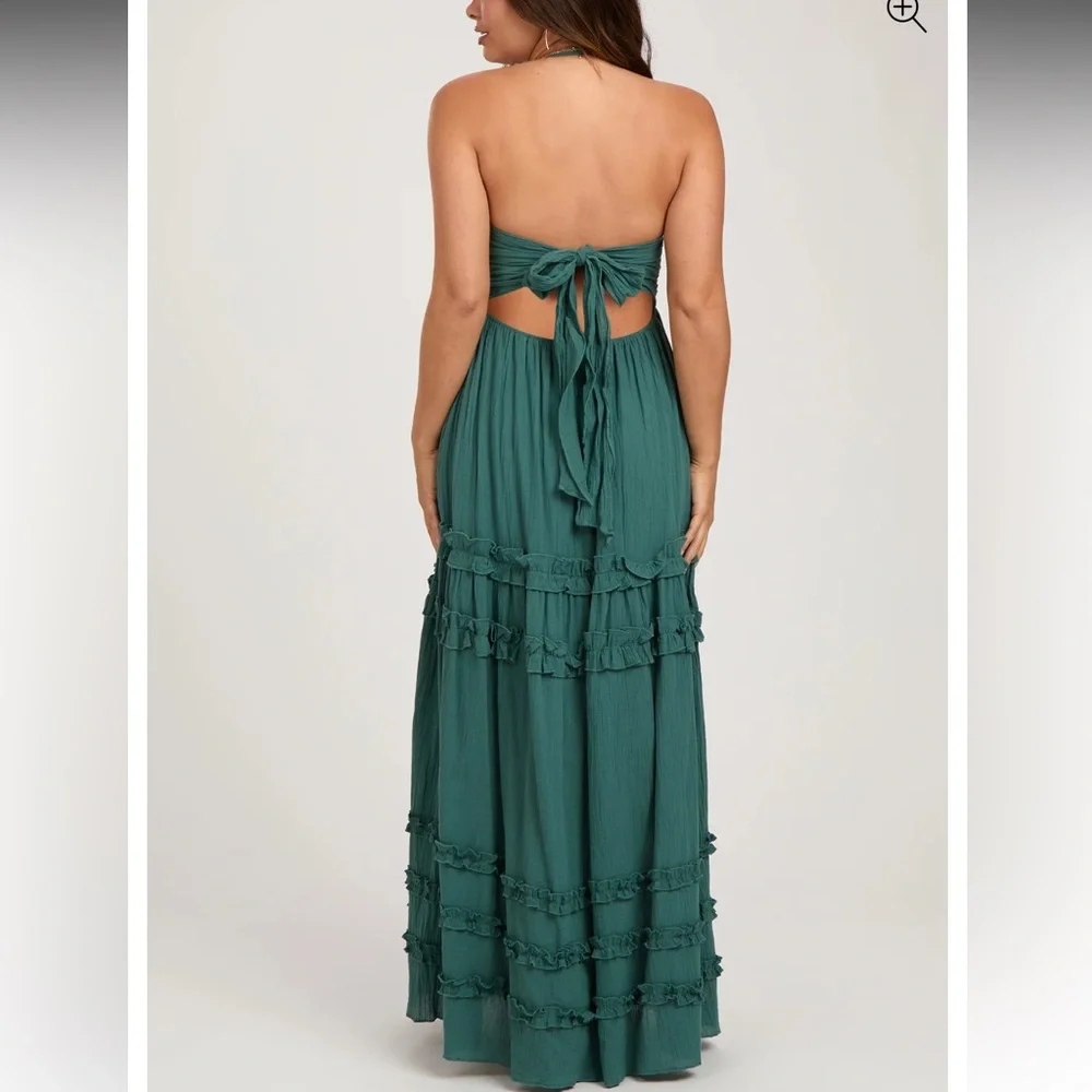 Dark Teal Ruffle Ruched Deep V-Neck Dress - Picture 2 of 6